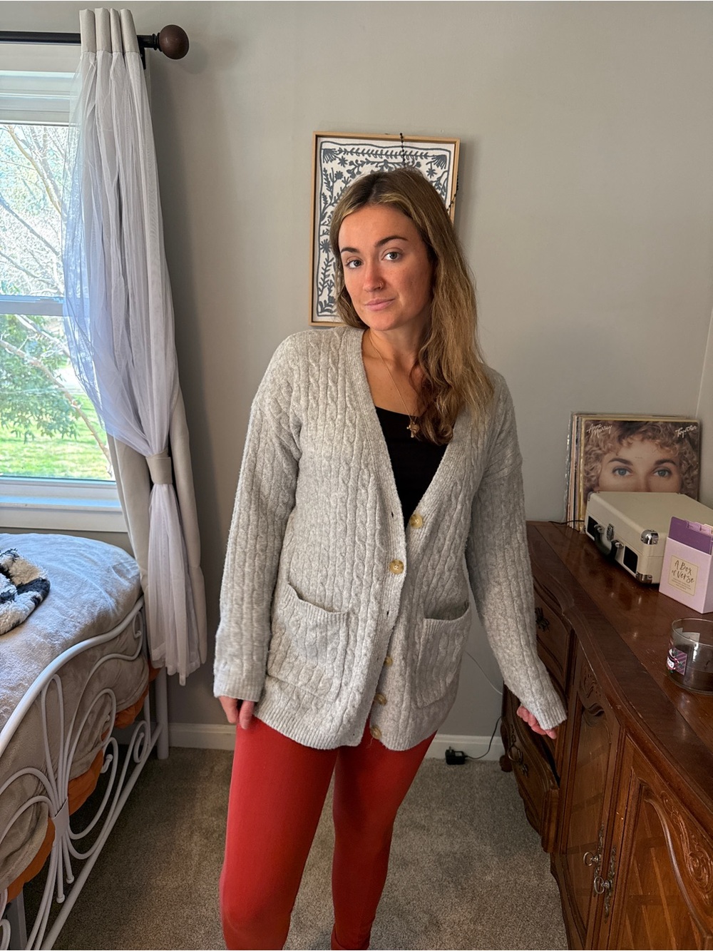 Hippie Rose Light Gray Cable Knit Button-Up Cardigan